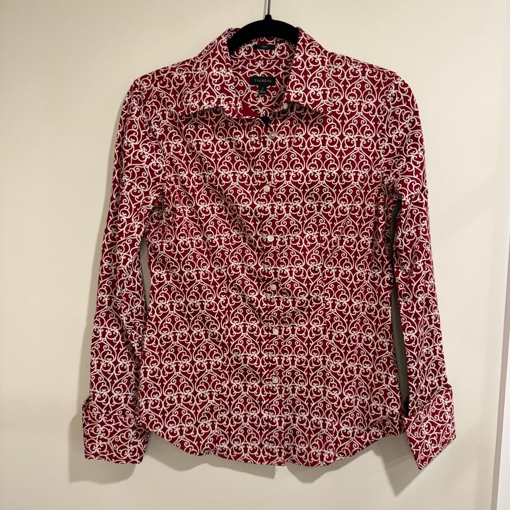 Talbots Womens Red White Printed Long Sleeve Button Up Blouse No Iron Size 2 XS